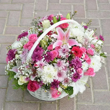 Flower Garden, Pink Roses, White Roses, Oriental Lilies, Spray Roses, Chrysanthemums, Handle Basket